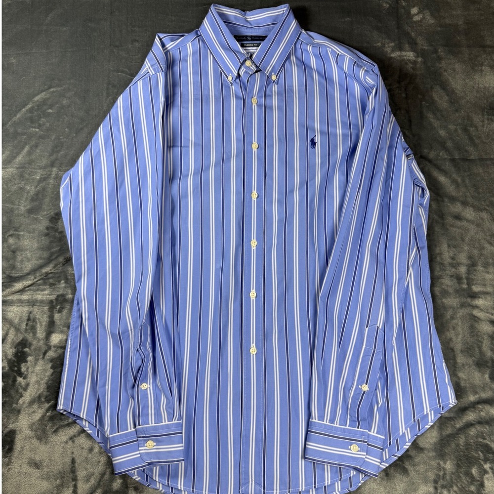 Ralph Lauren Mens Blue Striped Button Down Shirt Long Sleeve Classic Fit
